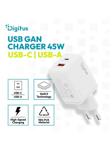 Digitus USB GaN Charger 45W, 1x USB-C, 1x USB-A | DA-10302 2 Digitus USB GaN Charger 45W, 1x USB-C, 1x USB-A | DA-10302 2