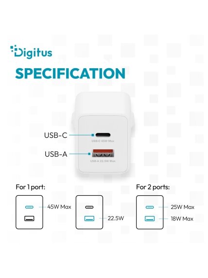 Digitus USB GaN Charger 45W, 1x USB-C, 1x USB-A | DA-10302 3 Digitus USB GaN Charger 45W, 1x USB-C, 1x USB-A | DA-10302 3