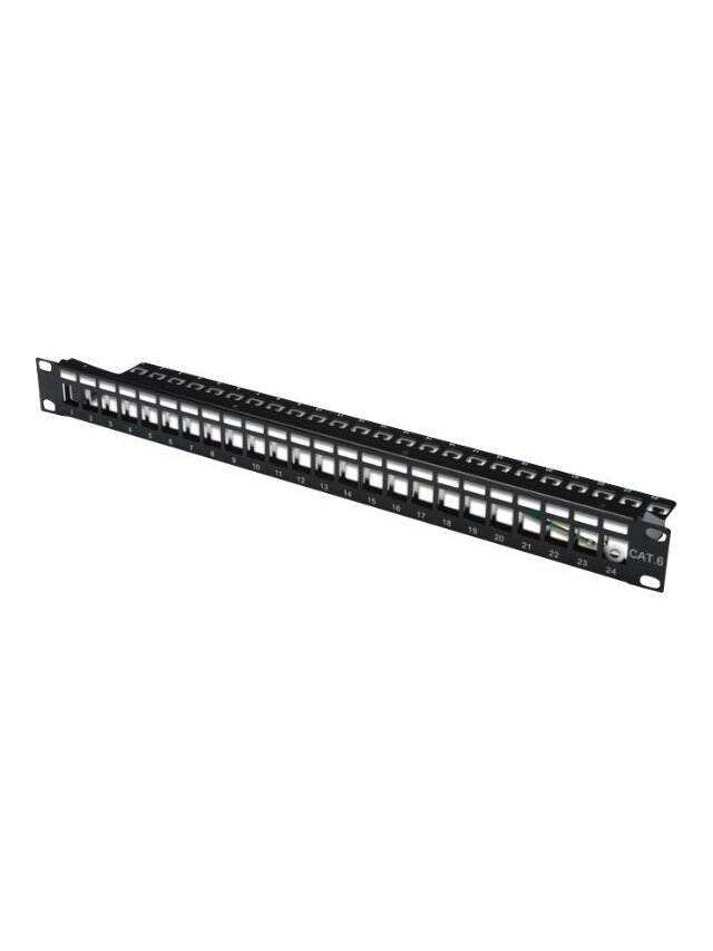 Digitus | Modular Patch Panel | DN-91411 | Layout Keystone Entry: Straight; Area of application: 483 mm (19") cabinet; Suitable for 483 mm (19") cabinet mounting; Housing material: 1.5 mm SPCC cold rolled stell sheet, powder-coated; Ports: 24 | Black