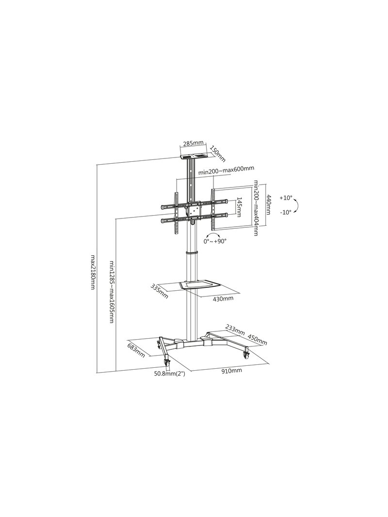 Digitus | Floor stand | TV-Cart for screens up to 70", max. 50kg wheelbase, VESA max. 600x400 | Tilt | 37-70 " | Maximum weight (capacity) 50 kg | Black 8 Digitus | Floor stand | TV-Cart for screens up to 70", max. 50kg wheelbase, VESA max. 600x400 | Tilt | 37-70 " | Maximum weight (capacity) 50 kg | Black 8
