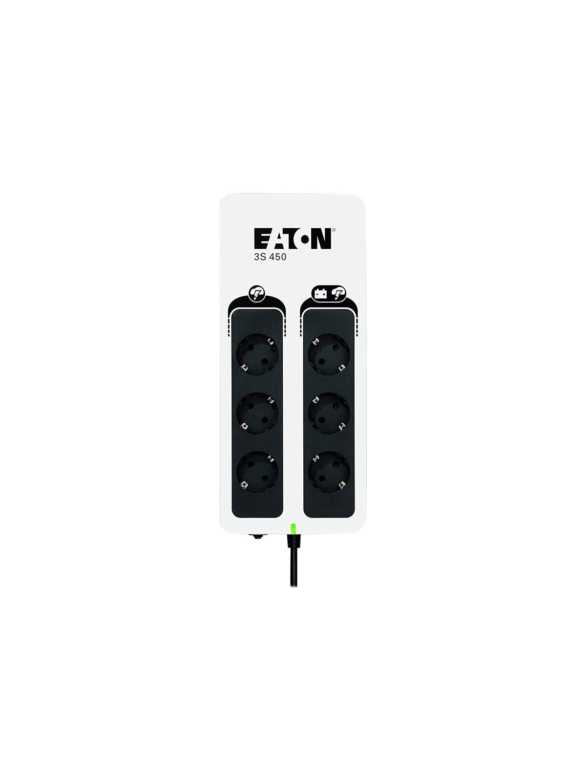Eaton 3S Gen2 UPS DIN, 450 VA, 270 W, Input: Schuko, Outputs: (3) Schuko, (3) Schuko surge only, Tower | 3S450D 1 Eaton 3S Gen2 UPS DIN, 450 VA, 270 W, Input: Schuko, Outputs: (3) Schuko, (3) Schuko surge only, Tower | 3S450D 1