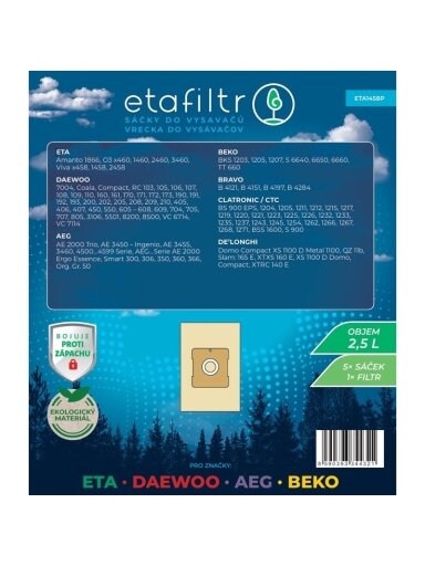 ETA Dust bags for ETA, Daewoo, AEG and Beko vacuum cleaners | ETA1458P | 5 pc(s) | Brown