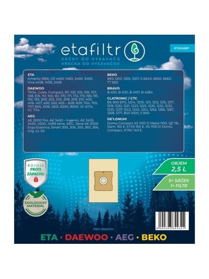 ETA Dust bags for ETA, Daewoo, AEG and Beko vacuum cleaners | ETA1458P | 5 pc(s) | Brown 1 ETA Dust bags for ETA, Daewoo, AEG and Beko vacuum cleaners | ETA1458P | 5 pc(s) | Brown 1