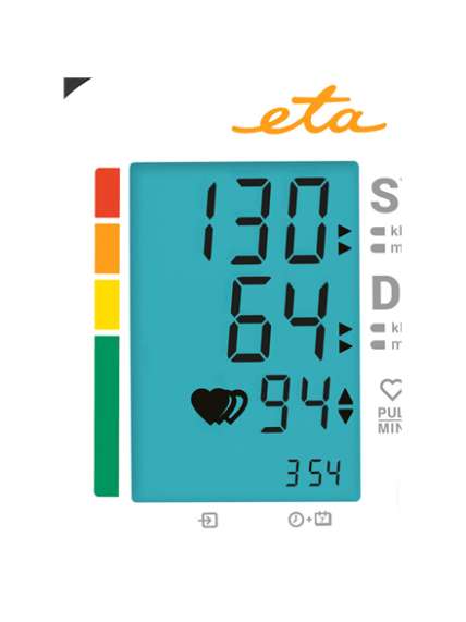 ETA | Upper Arm Blood Pressure Monitor | ETA229790000 | Memory function | Number of users 2 user(s) | 4 | Suitable for home use. Measurement of systolic and diastolic pressure, pulse. Oscillometric measurement method. Display of measured values on LCD. 4 ETA | Upper Arm Blood Pressure Monitor | ETA229790000 | Memory function | Number of users 2 user(s) | 4 | Suitable for home use. Measurement of systolic and diastolic pressure, pulse. Oscillometric measurement method. Display of measured values on LCD. 4