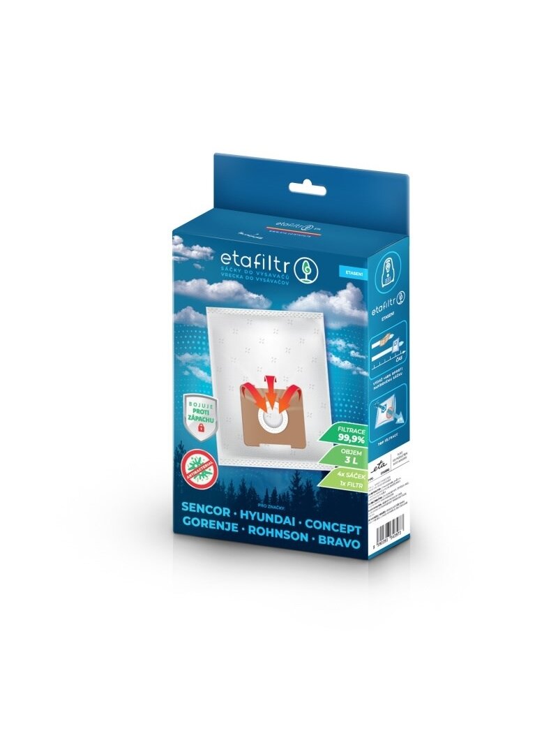 ETA Dust bags for vacuum cleaners Concept, ECG, Gorenje, Hyundai, Rohnson, Samsung, Sencor, Tesla and others | ETASEN1 | 4 pc(s) | White 1 ETA Dust bags for vacuum cleaners Concept, ECG, Gorenje, Hyundai, Rohnson, Samsung, Sencor, Tesla and others | ETASEN1 | 4 pc(s) | White 1
