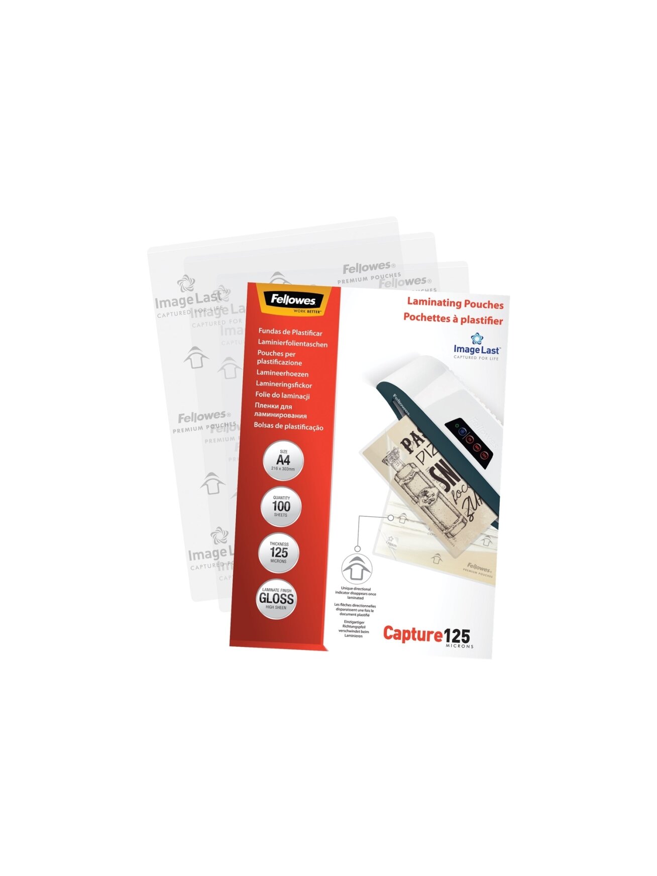Fellowes | Laminating Pouch PREMIUM | A4 | Glossy | Thickness: 125 micron, Qty Per Pack: 100 pcs; Ideal for notices, craft materials, signage and frequently handled documents; Compatible with all laminator brands 4