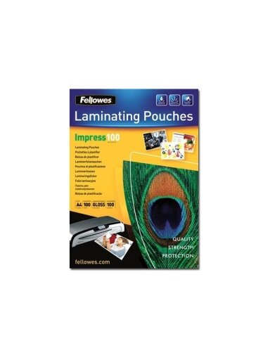 Fellowes | Laminating Pouch | A4 | Clear | Thickness: 100 micron, Qty Per Pack: 100 pcs; Ideal for notices, craft materials, signage and frequently handled documents; Compatible with all laminator brands Fellowes | Laminating Pouch | A4 | Clear | Thickness: 100 micron, Qty Per Pack: 100 pcs; Ideal for notices, craft materials, signage and frequently handled documents; Compatible with all laminator brands