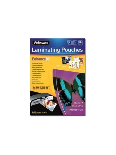 Fellowes | Laminating Pouch PREMIUM | A4 | Clear | Enhance 80 Micron thickness, 216x303 mm - A4, 100 pcs; Unique directional arrow quality mark disappears when laminated. Fellowes | Laminating Pouch PREMIUM | A4 | Clear | Enhance 80 Micron thickness, 216x303 mm - A4, 100 pcs; Unique directional arrow quality mark disappears when laminated.