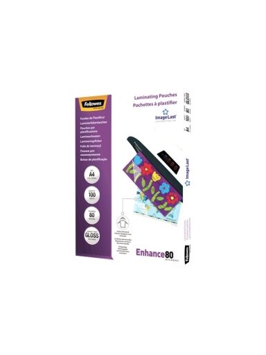 Fellowes | Laminating Pouch PREMIUM | A4 | Clear | Enhance 80 Micron thickness, 216x303 mm - A4, 100 pcs; Unique directional arrow quality mark disappears when laminated. Fellowes | Laminating Pouch PREMIUM | A4 | Clear | Enhance 80 Micron thickness, 216x303 mm - A4, 100 pcs; Unique directional arrow quality mark disappears when laminated.