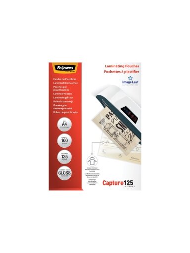Fellowes | Laminating Pouch PREMIUM | A4 | Glossy | Thickness: 125 micron, Qty Per Pack: 100 pcs; Ideal for notices, craft materials, signage and frequently handled documents; Compatible with all laminator brands Fellowes | Laminating Pouch PREMIUM | A4 | Glossy | Thickness: 125 micron, Qty Per Pack: 100 pcs; Ideal for notices, craft materials, signage and frequently handled documents; Compatible with all laminator brands