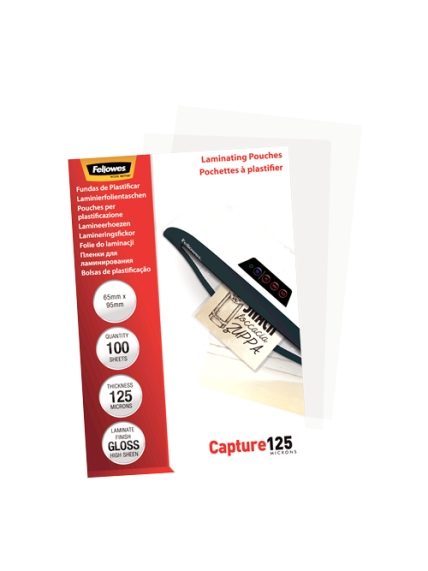 Fellowes | Laminating Pouch - 65x95mm | Glossy | Ideal for identity cards, credit cards, business cards and visitor cards; Capture 125 Micron thickness - providing an advanced level of document protection; Pack size of 100; Compatible with all laminator b 1 Fellowes | Laminating Pouch - 65x95mm | Glossy | Ideal for identity cards, credit cards, business cards and visitor cards; Capture 125 Micron thickness - providing an advanced level of document protection; Pack size of 100; Compatible with all laminator b 1