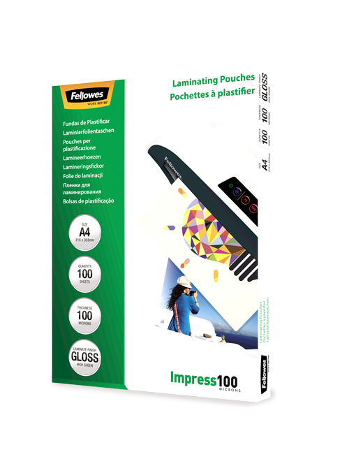Fellowes | Laminating Pouch | A4 | Clear | Thickness: 100 micron, Qty Per Pack: 100 pcs; Ideal for notices, craft materials, signage and frequently handled documents; Compatible with all laminator brands 1