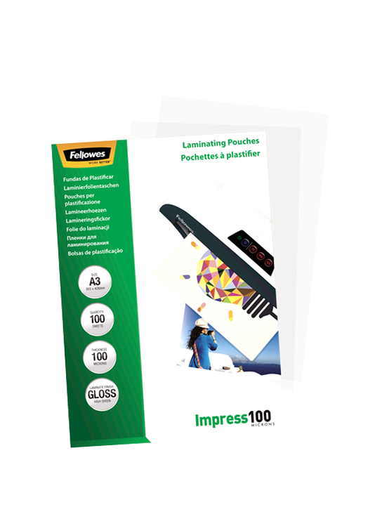 Fellowes | Laminating Pouch | A3 | Glossy | Thickness: 100 micron, Qty Per Pack: 100 pcs; Ideal for notices, craft materials, signage and frequently handled documents; Compatible with all laminator brands 2