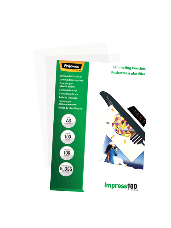 Fellowes | Laminating Pouch | A3 | Glossy | Thickness: 100 micron, Qty Per Pack: 100 pcs; Ideal for notices, craft materials, signage and frequently handled documents; Compatible with all laminator brands 3