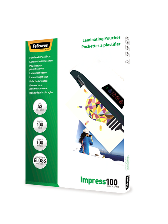 Fellowes | Laminating Pouch | A3 | Glossy | Thickness: 100 micron, Qty Per Pack: 100 pcs; Ideal for notices, craft materials, signage and frequently handled documents; Compatible with all laminator brands 1