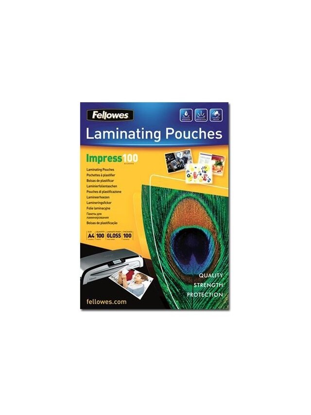 Fellowes | Laminating Pouch | A4 | Clear | Thickness: 100 micron, Qty Per Pack: 100 pcs; Ideal for notices, craft materials, signage and frequently handled documents; Compatible with all laminator brands
