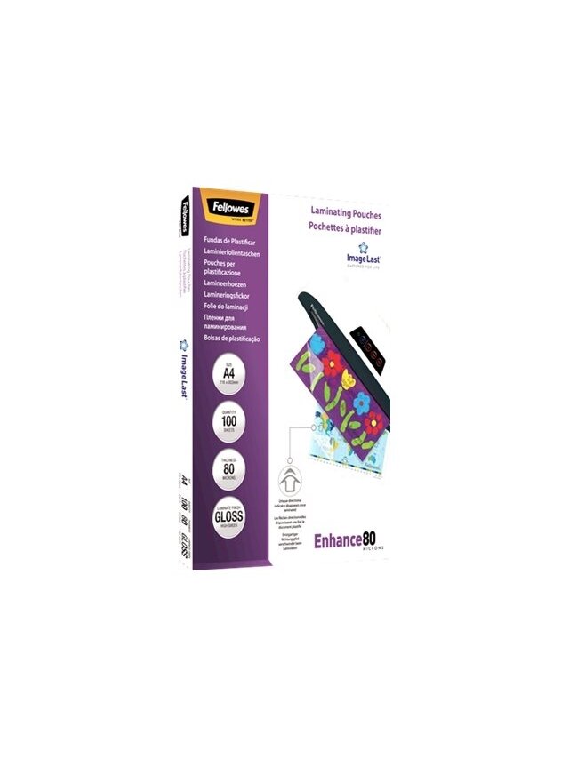 Fellowes | Laminating Pouch PREMIUM | A4 | Clear | Enhance 80 Micron thickness, 216x303 mm - A4, 100 pcs; Unique directional arrow quality mark disappears when laminated. 2 Fellowes | Laminating Pouch PREMIUM | A4 | Clear | Enhance 80 Micron thickness, 216x303 mm - A4, 100 pcs; Unique directional arrow quality mark disappears when laminated. 2