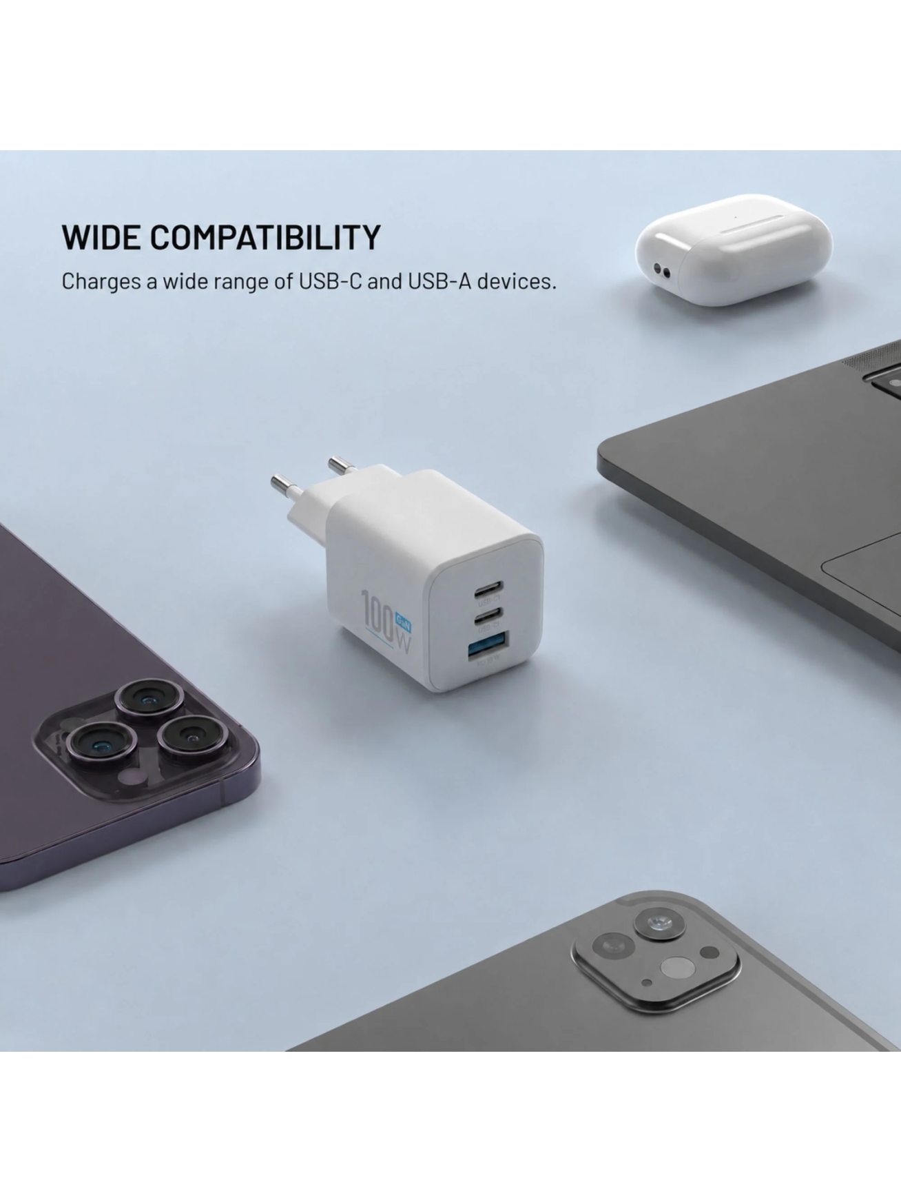 Fixed GaN Network Charger Mini with 2xUSB-C and USB output, PD support, 100 W, white | FIXCG100M-2C1A-WH 1
