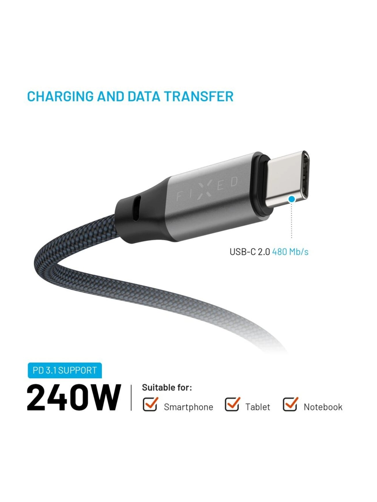 Fixed | Magnetic Braided Cable USB-C/USB-C, USB 2.0, Gray | FIXDBM-CC12-GR 2