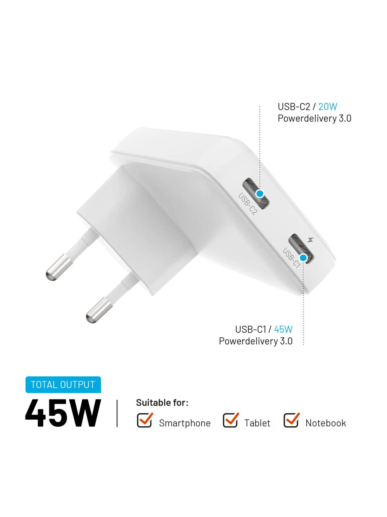 Fixed Slim 2xUSB-C Travel Charger, GaN, PD support 1 Fixed Slim 2xUSB-C Travel Charger, GaN, PD support 1