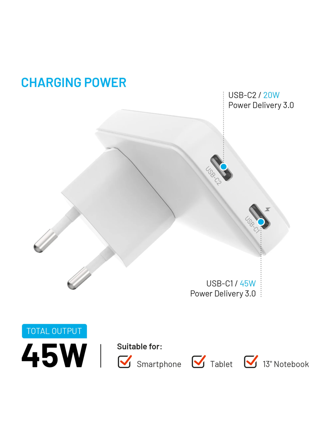 Fixed Slim Traveller 2xUSB-C Travel Charger with world adapters, GaN, 45W | White 2
