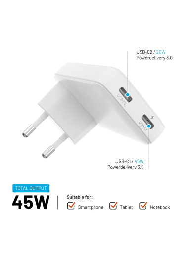 Fixed Slim 2xUSB-C Travel Charger, GaN, PD support