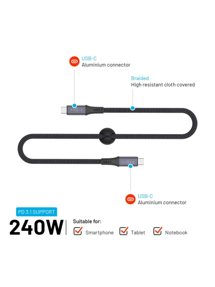 Fixed Braided Cable USB-C/USB-C, 2m, USB4 gen2 20Gbps, 4K 60Hz, 240W | FIXDBP-CC2-GR 4 Fixed Braided Cable USB-C/USB-C, 2m, USB4 gen2 20Gbps, 4K 60Hz, 240W | FIXDBP-CC2-GR 4
