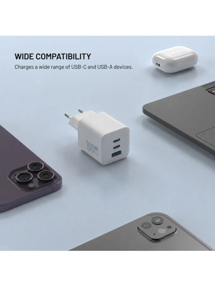 Fixed GaN Network Charger Mini with 2xUSB-C and USB output, PD support, 100 W, white | FIXCG100M-2C1A-WH 1 Fixed GaN Network Charger Mini with 2xUSB-C and USB output, PD support, 100 W, white | FIXCG100M-2C1A-WH 1