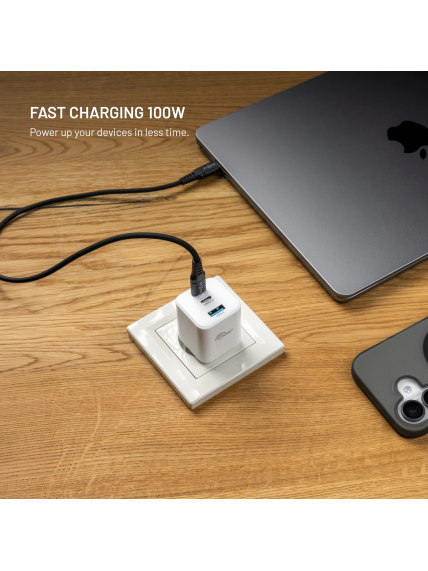 Fixed GaN Network Charger Mini with 2xUSB-C and USB output, PD support, 100 W, white | FIXCG100M-2C1A-WH 2