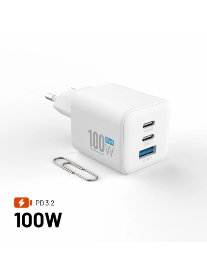 Fixed GaN Network Charger Mini with 2xUSB-C and USB output, PD support, 100 W, white | FIXCG100M-2C1A-WH Fixed GaN Network Charger Mini with 2xUSB-C and USB output, PD support, 100 W, white | FIXCG100M-2C1A-WH