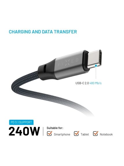 Fixed | Magnetic Braided Cable USB-C/USB-C, USB 2.0, Gray | FIXDBM-CC12-GR 2 Fixed | Magnetic Braided Cable USB-C/USB-C, USB 2.0, Gray | FIXDBM-CC12-GR 2