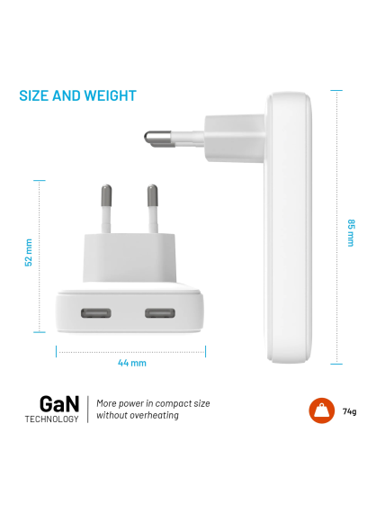 Fixed Slim 2xUSB-C Travel Charger, GaN, PD support 2