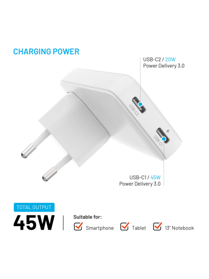 Fixed Slim Traveller 2xUSB-C Travel Charger with world adapters, GaN, 45W | White 2 Fixed Slim Traveller 2xUSB-C Travel Charger with world adapters, GaN, 45W | White 2