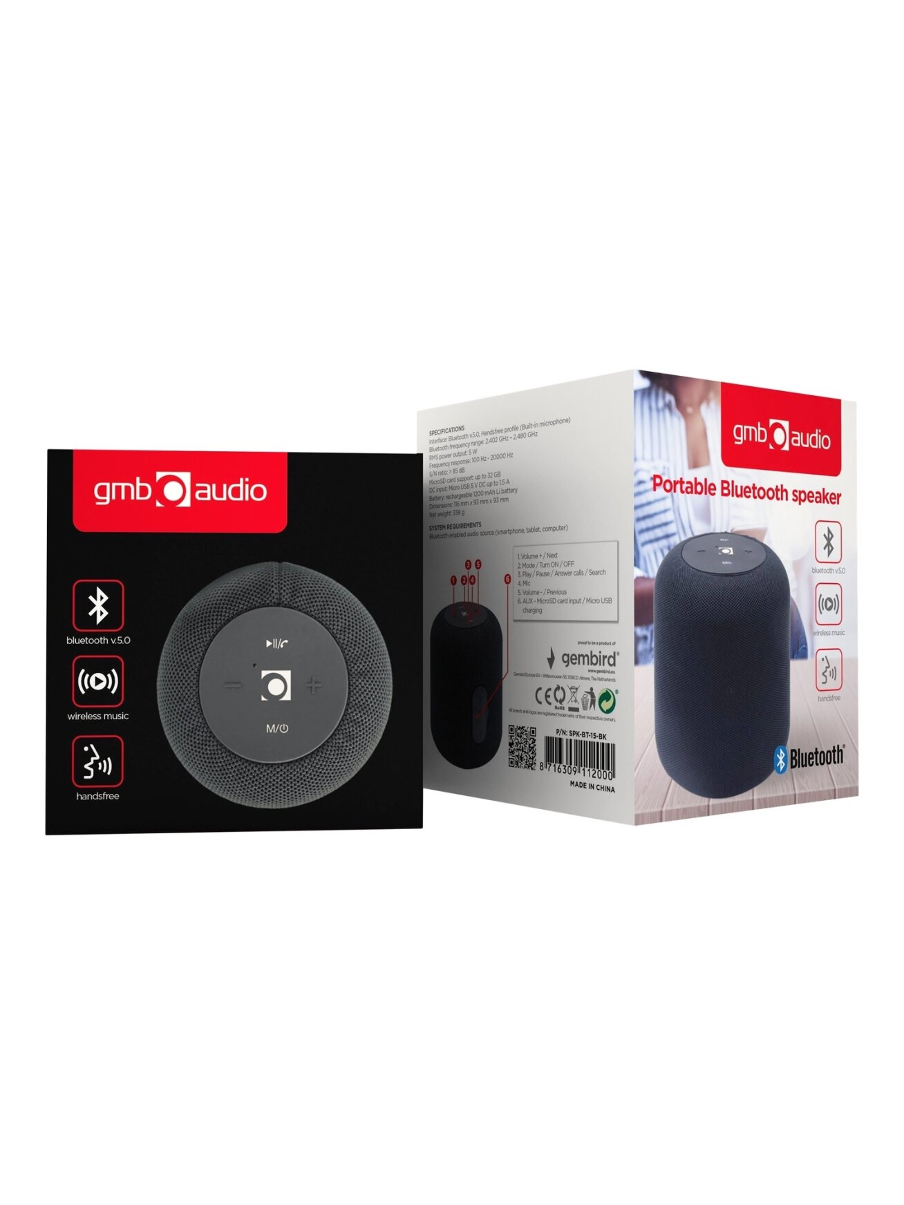 Gembird SPK-BT-15-BK Portable Bluetooth speaker, Wireless, 5 W, 1200 mAh, Black | Gembird 3