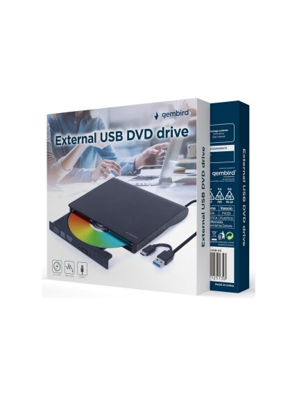 Gembird External USB DVD Drive | DVD-USB-031 | Interface USB Type-C (m), USB 3.1 Gen. 1 | DVD±R/RW / CD±R/RW | CD read speed 24 x | CD write speed 24 x | Black 1