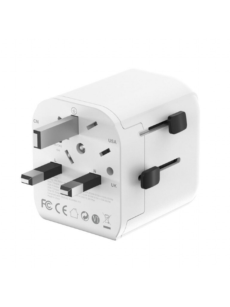 Gembird Grounded universal travel power adapter, 20 W | TPA-EU1A1C20-01-W 2