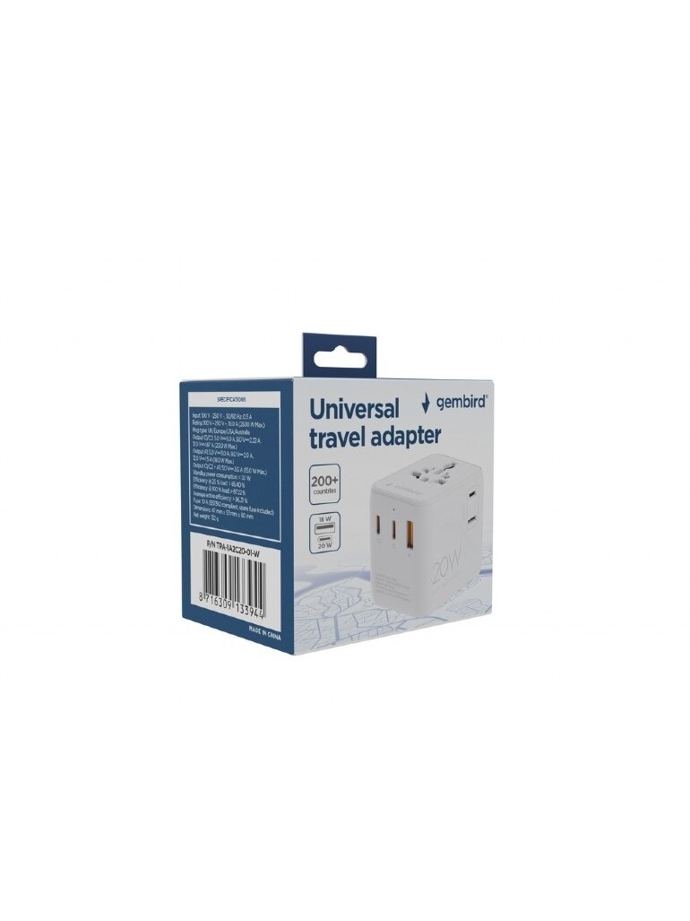 Gembird Universal travel power adapter | TPA-1A2C20-01-W | 20 W | Travel Adapter 5
