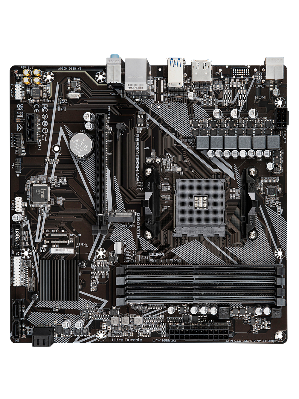 Gigabyte | A520M DS3H V2 | Processor family AMD | Processor socket AM4 | DDR4 DIMM | Memory slots 2 | Number of SATA connectors 4 | Chipset AMD A520 | Micro ATX 3