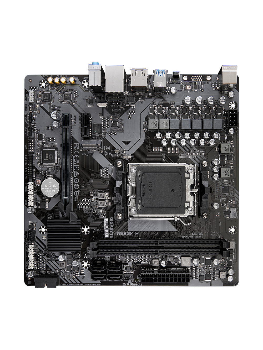Gigabyte | A620M H 1.0 M/B | Processor family AMD | Processor socket AM5 | DDR5 DIMM | Memory slots 2 | Supported hard disk drive interfaces SATA, M.2 | Number of SATA connectors 4 | Chipset AMD A620 | Micro ATX 3