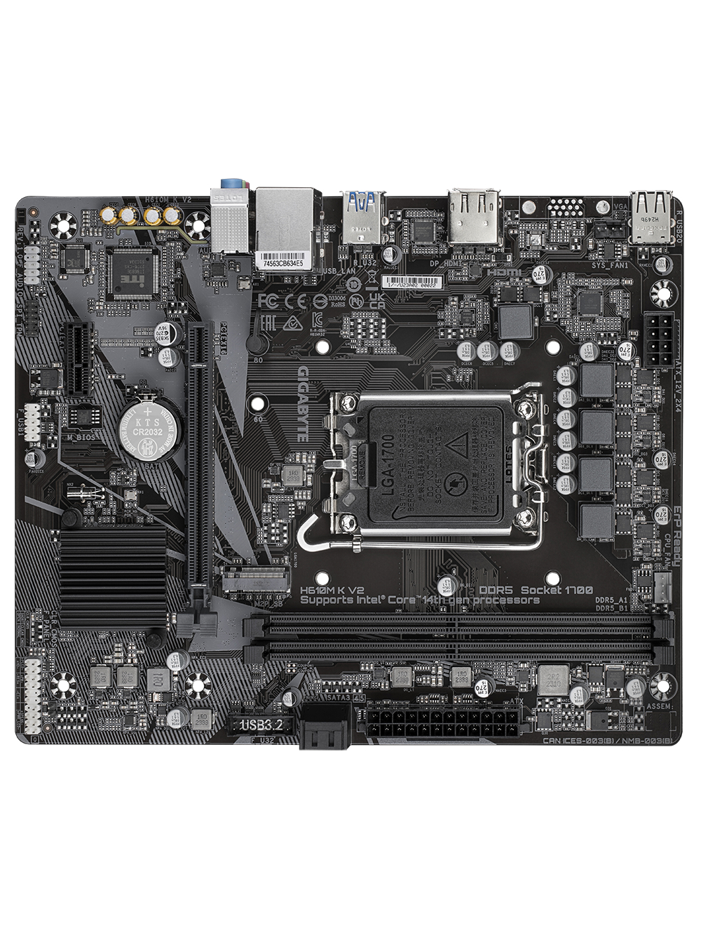 Gigabyte H610M K V2 | Processor family Intel | Processor socket LGA1700 | DDR5 | Supported hard disk drive interfaces M.2, SATA | Number of SATA connectors 2 3