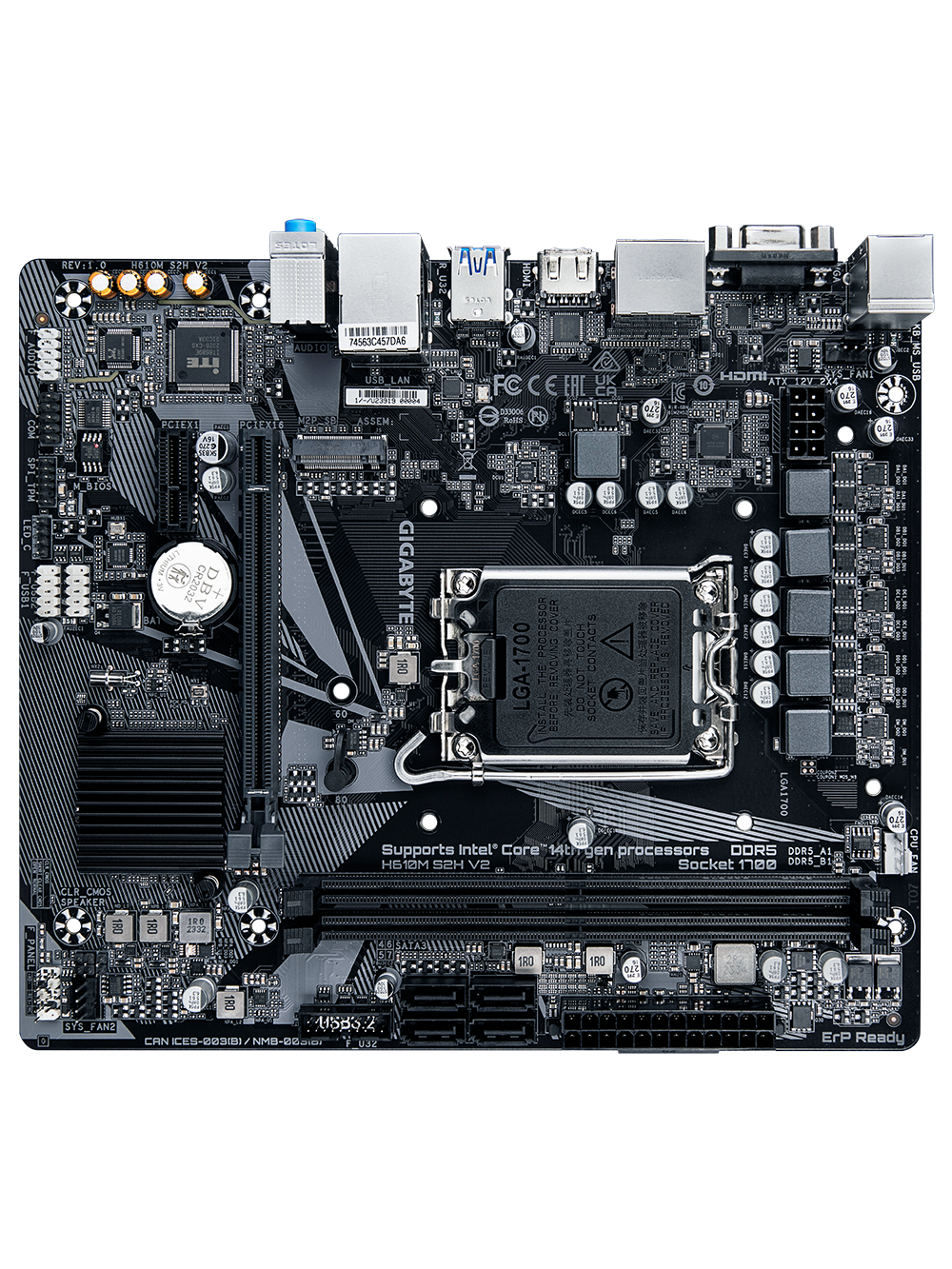 Gigabyte | H610M S2H V2 1.0 | Processor family Intel | Processor socket LGA1700 | DDR5 DIMM | Supported hard disk drive interfaces M.2, SATA | Number of SATA connectors 4 3