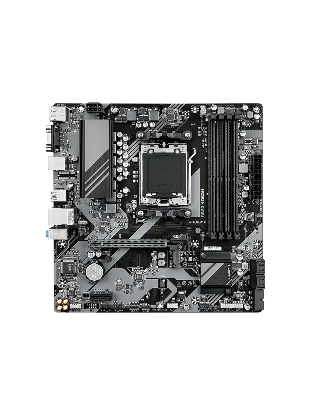 Gigabyte A620M DS3H | Processor family AMD | Processor socket AM5 | DDR5 | Supported hard disk drive interfaces M.2, SATA | Number of SATA connectors 4