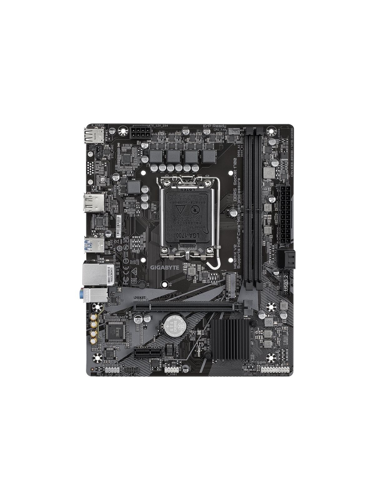 Gigabyte H610M K V2 | Processor family Intel | Processor socket LGA1700 | DDR5 | Supported hard disk drive interfaces M.2, SATA | Number of SATA connectors 2
