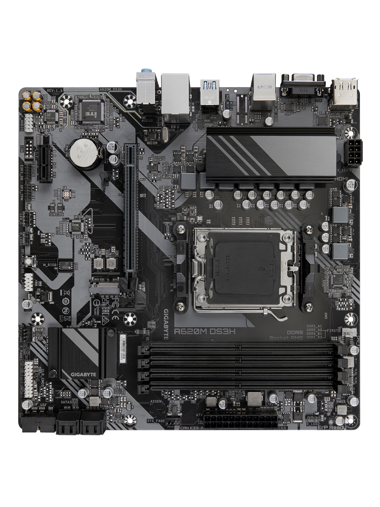 Gigabyte A620M DS3H | Processor family AMD | Processor socket AM5 | DDR5 | Supported hard disk drive interfaces M.2, SATA | Number of SATA connectors 4 2