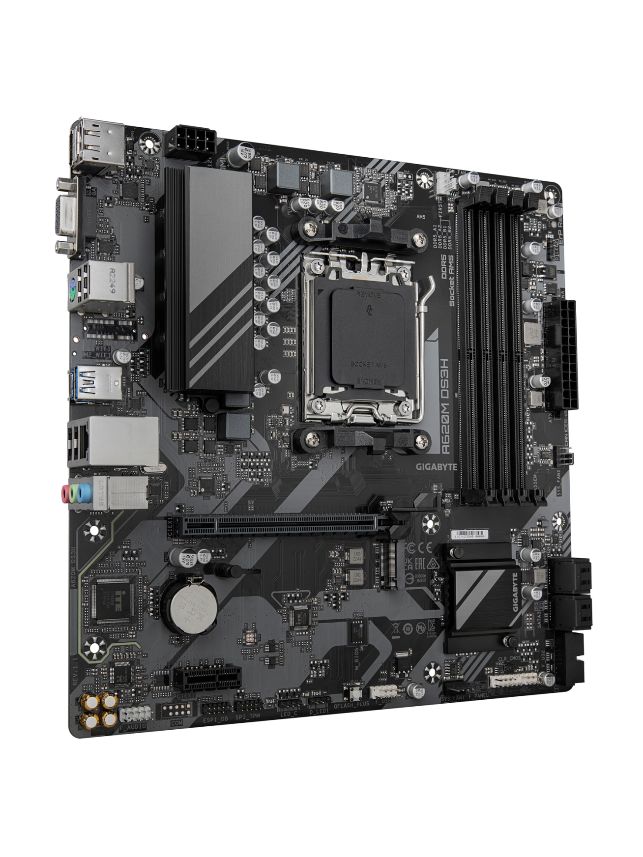 Gigabyte A620M DS3H | Processor family AMD | Processor socket AM5 | DDR5 | Supported hard disk drive interfaces M.2, SATA | Number of SATA connectors 4 1 Gigabyte A620M DS3H | Processor family AMD | Processor socket AM5 | DDR5 | Supported hard disk drive interfaces M.2, SATA | Number of SATA connectors 4 1