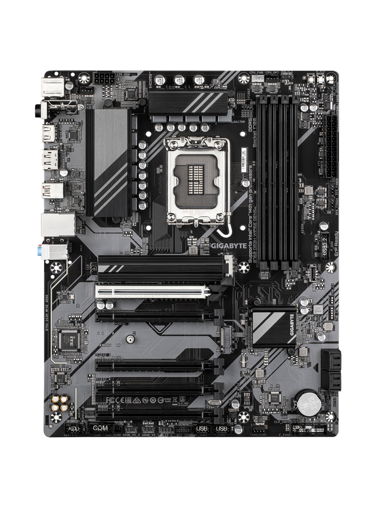Gigabyte B760 DS3H WF6E GEN5 | Processor family Intel | Processor socket LGA1700 | DDR5 | Supported hard disk drive interfaces M.2, SATA | Number of SATA connectors 4 1