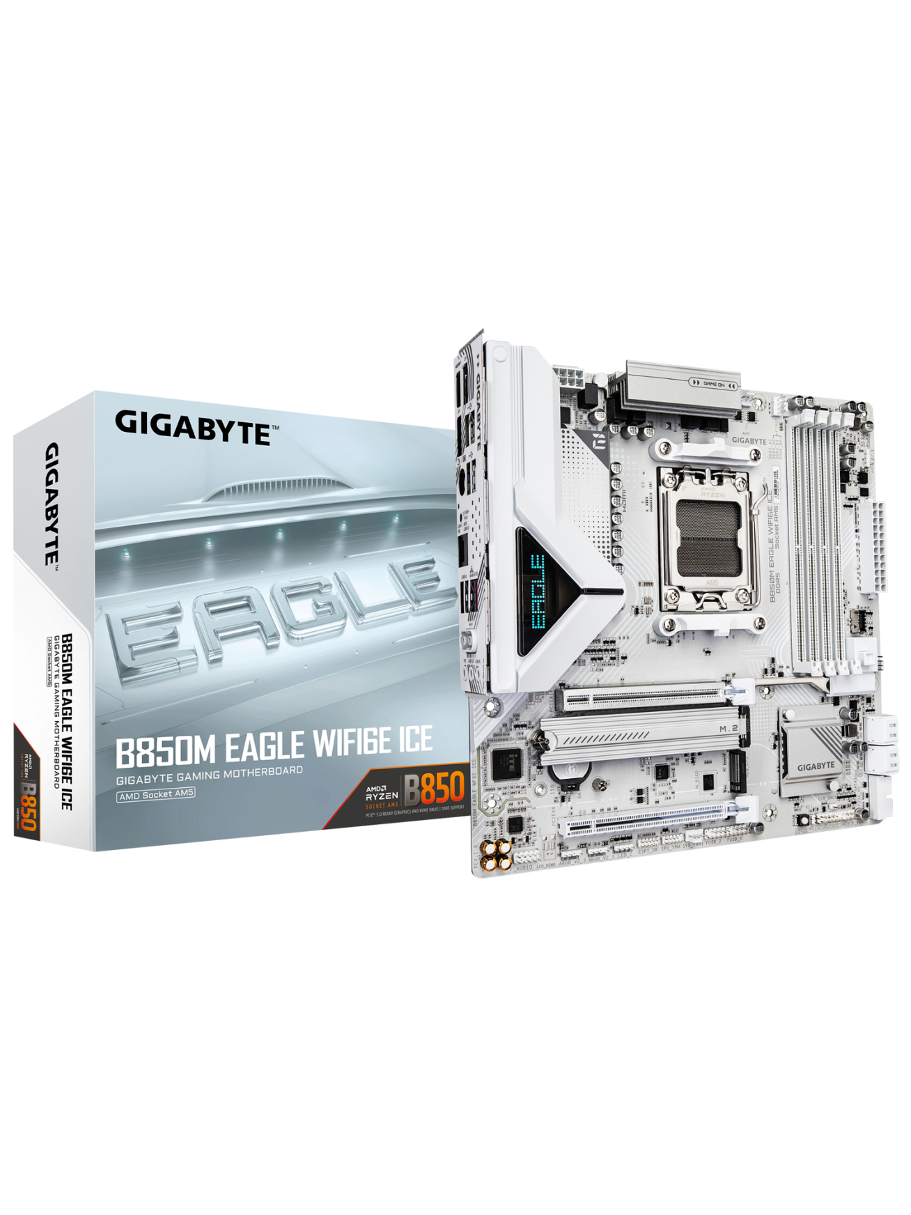 Gigabyte B850M EAGLE WF6E ICE | Processor family AMD | Processor socket AM5 | DDR5 | Supported hard disk drive interfaces SATA, M.2 | Number of SATA connectors 4