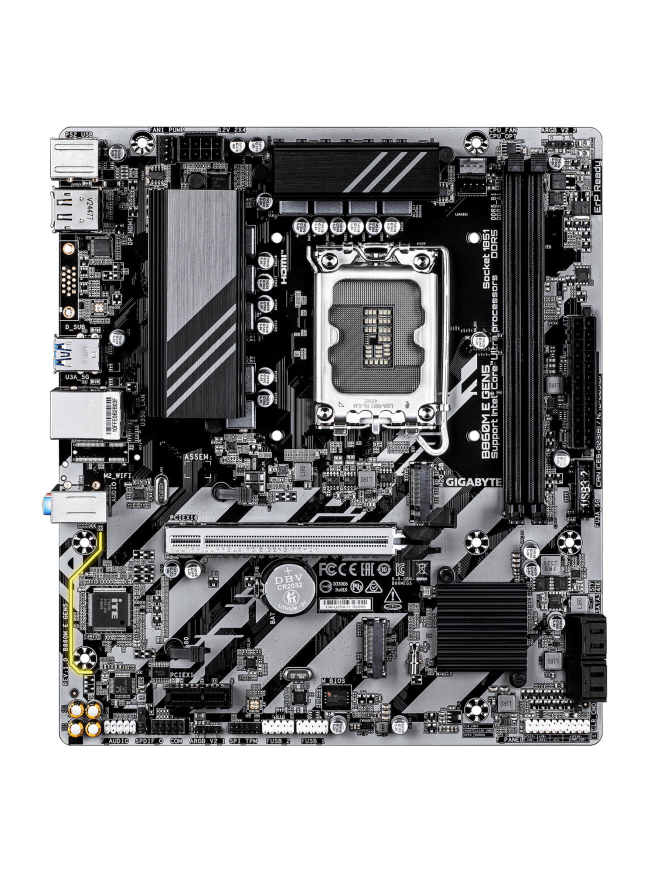 Gigabyte B860M E GEN5 | Processor family Intel | Processor socket LGA1851 | DDR5 | Number of SATA connectors 4 | Supported hard disk drive interfaces SATA, M.2 1