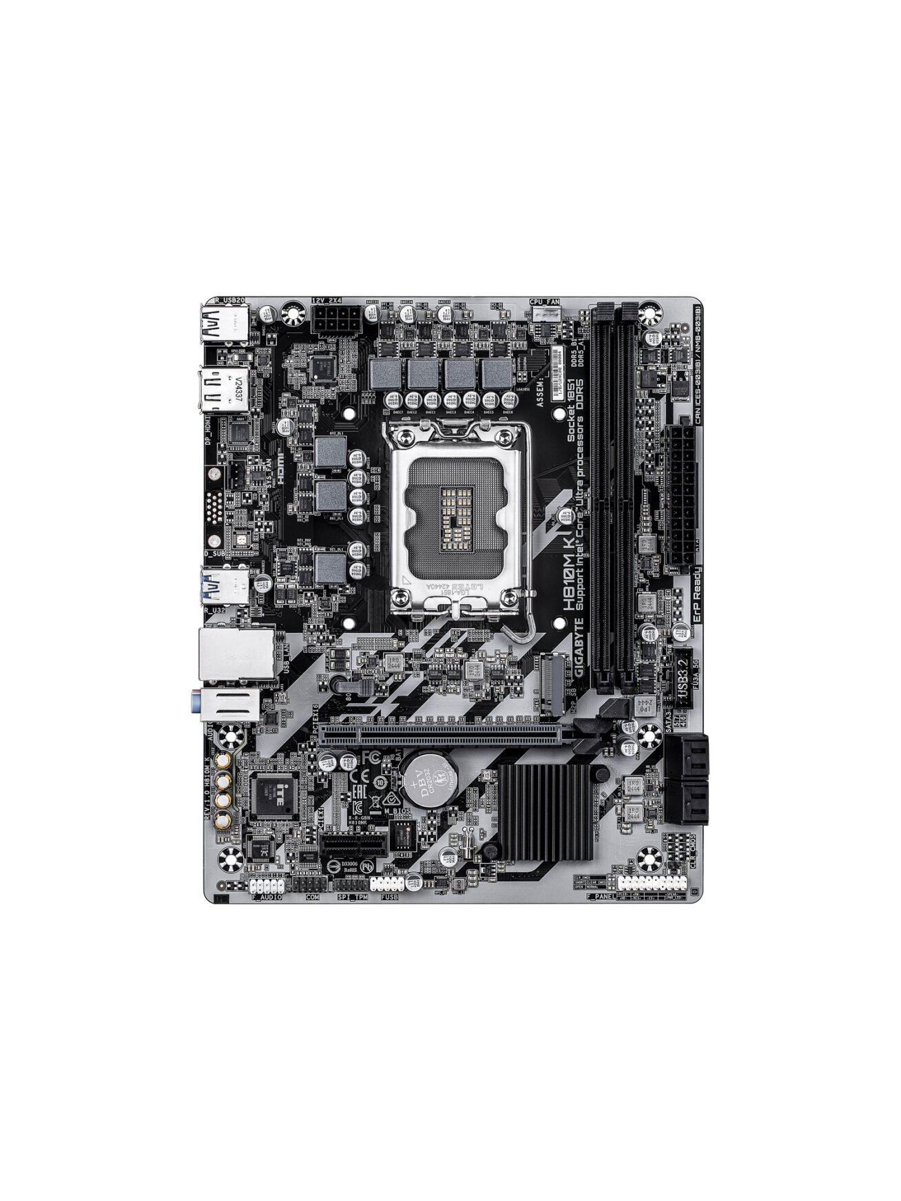 Gigabyte H810M K | Processor family Intel | Processor socket LGA1851 | DDR5 | Supported hard disk drive interfaces M.2, SATA | Number of SATA connectors 4 Gigabyte H810M K | Processor family Intel | Processor socket LGA1851 | DDR5 | Supported hard disk drive interfaces M.2, SATA | Number of SATA connectors 4