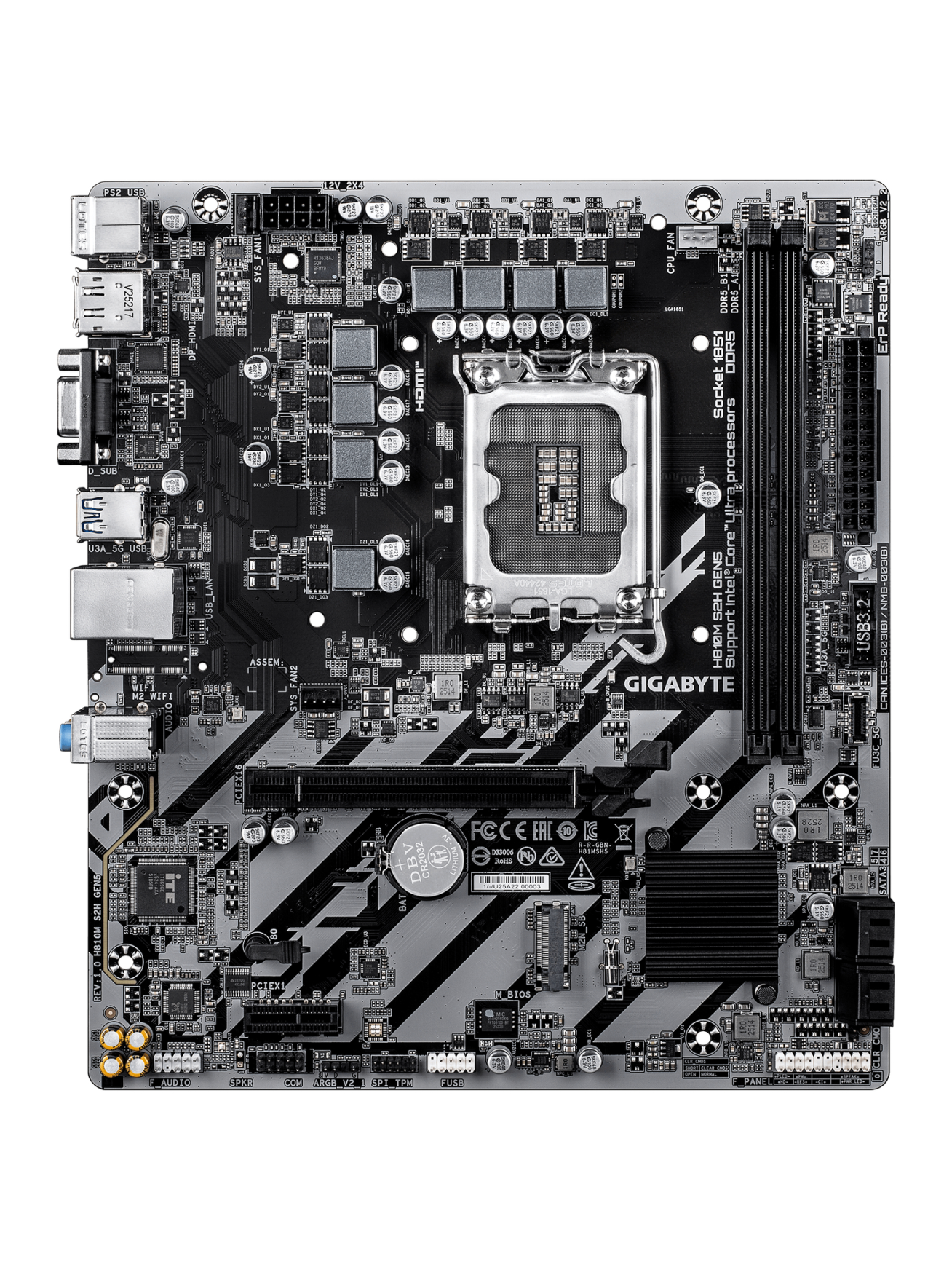 Gigabyte H810M S2H GEN5 | Processor family Intel | Processor socket LGA1851 | DDR5 | Supported hard disk drive interfaces SATA, M.2 | Number of SATA connectors 4 1